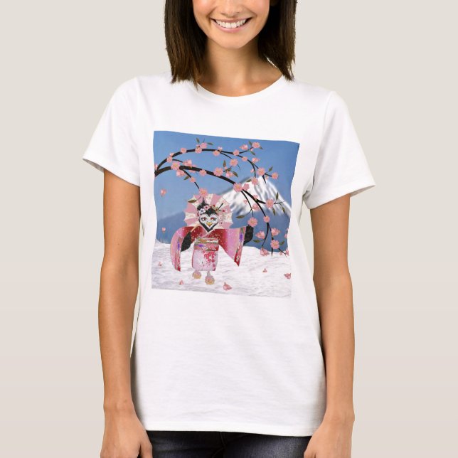 Camiseta Sakura Geisha Bird no Snow Cherry Blossoms (Frente)