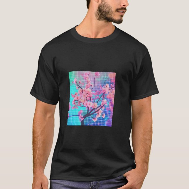 Camiseta Sakura Synthwave Colorous Vaporwave Cherry Blossom (Frente)