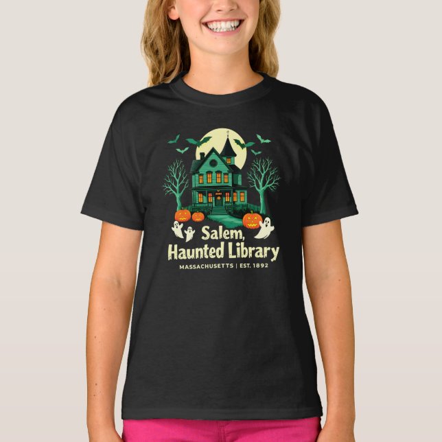 Camiseta Salem, Biblioteca Assombrada, Massachusetts, Est.  (Frente)