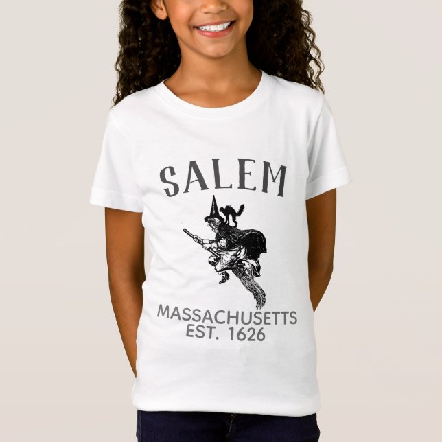 Camiseta Salem Massachusetts bruxa sobre vassoura com gato, (Frente)