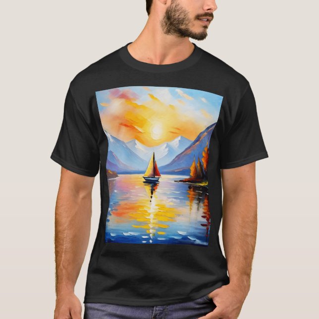 Camiseta Salto de sol sobre lago e montanhas com capa de ne (Frente)