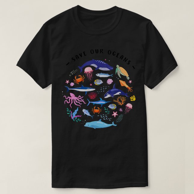 Camiseta Salve nossos oceanos Criaturas marinhas Pro (Frente do Design)