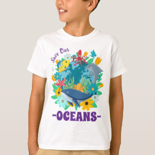 Camiseta Salve nossos oceanos Flor Baleia Design Colorido T