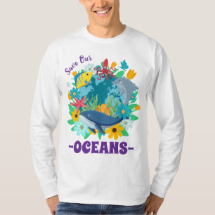 Camiseta Salve nossos oceanos Flor Baleia Design Colorido T