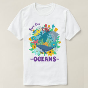 Camiseta Salve nossos oceanos Flor Baleia Design Colorido T