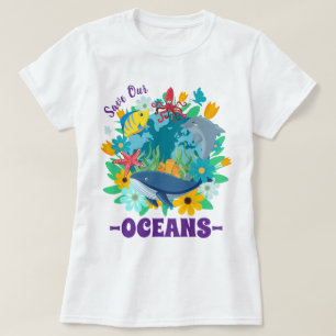 Camiseta Salve nossos oceanos Flor Baleia Design Colorido T