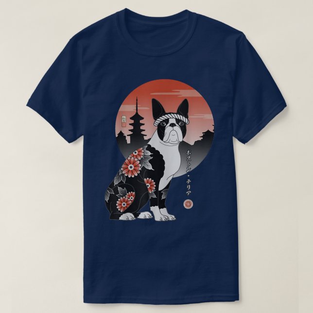Camiseta Samurai Boston Terrier Ukiyo-e Japanese Warrior Lo (Frente do Design)