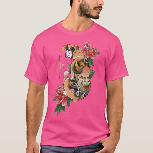 Camiseta Samurai Boxer Cachorro Ukiyo E Flores Guerreiro Ja (Frente)