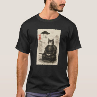 Camiseta Samurai Cat Alien UFO Funny Invasion Meme Sumi e J