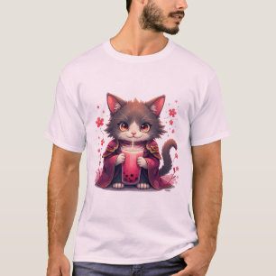 Camiseta Samurai Cat Boba Tea sakura Anime Japonês  bubble