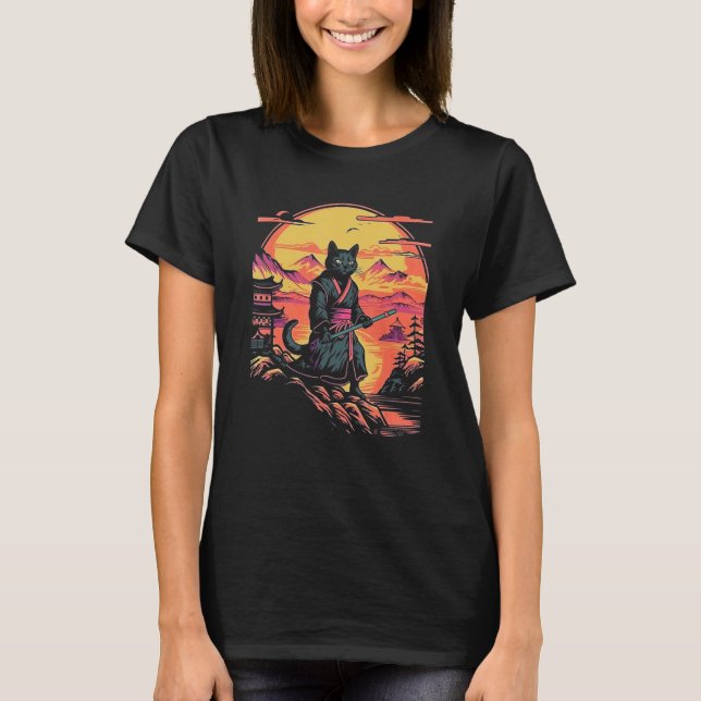 Camiseta Samurai Cat Bushido Estilo estético japonês (Frente)