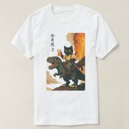 Camiseta Samurai Cat com Cerveja e T-Rex, retrô Arte Japone