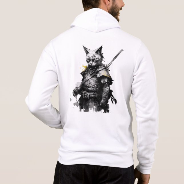 Camiseta Samurai Cat com katana, preto e amarelo (Verso)