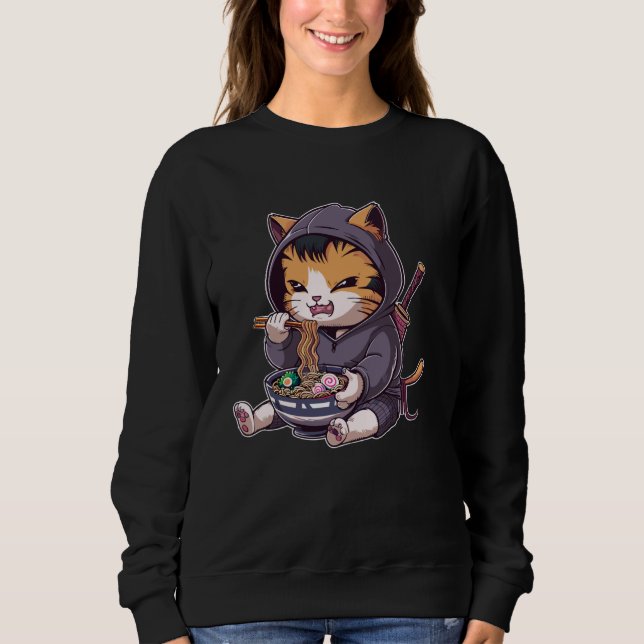 Camiseta Samurai Cat Eating Ramen Kawaii Ninja Japanese Ani (Frente)