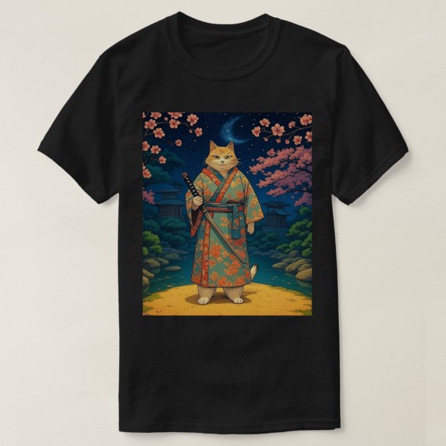 Camiseta Samurai Cat em um Kimono (Frente do Design)