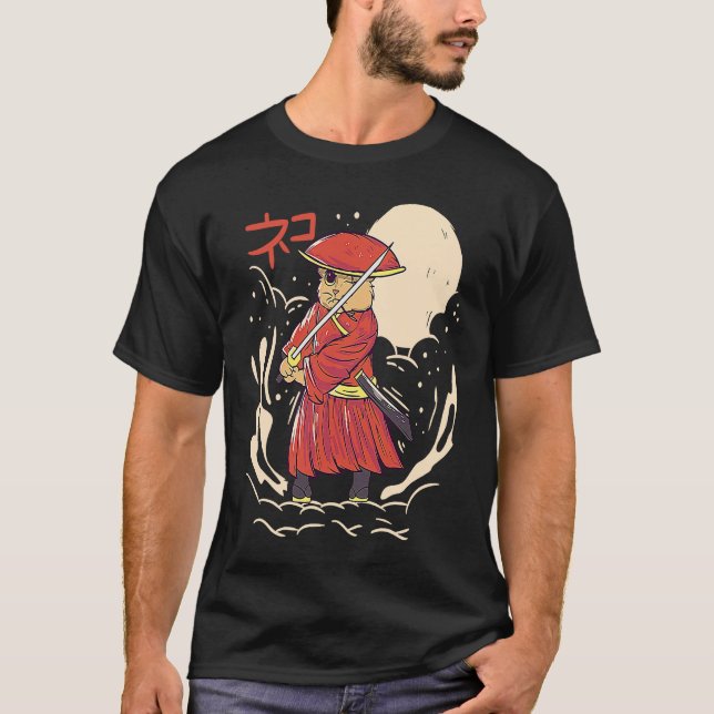 Camiseta Samurai Cat Illustration  Japanese Cute Graphic (Frente)
