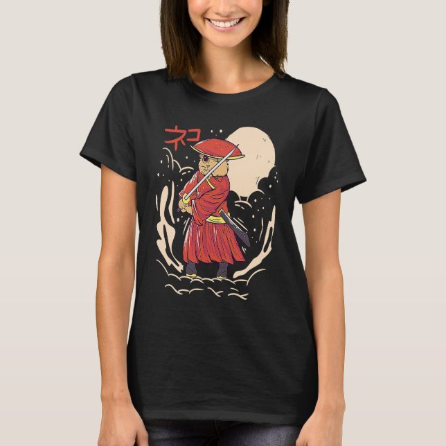 Camiseta Samurai Cat Ilustração Japonesa Cute Graphic (Frente)