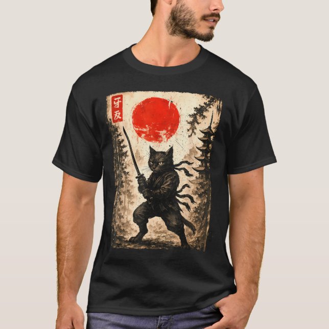 Camiseta Samurai Cat Japanese Mens Boys Kids Graphic Anime  (Frente)