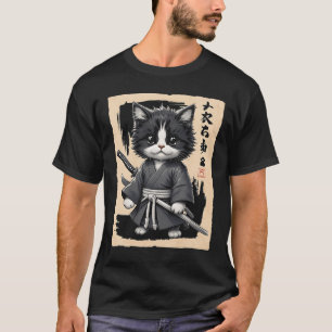 Camiseta Samurai Cat Japonês Sumi-E Novelty Kawaii Meme