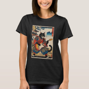 Camiseta Samurai Cat Japonês Tocando Violão Elétrico Ukiyo