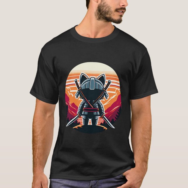 Camiseta Samurai Cat Katanas Assistindo Sunset e Montanhas (Frente)