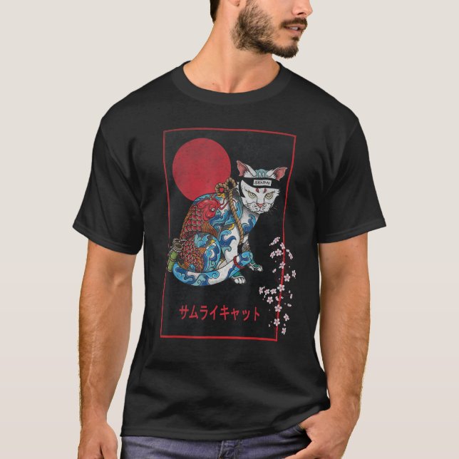 Camiseta Samurai Cat Master Irezumi Ninja Japanese Koi Tatt (Frente)