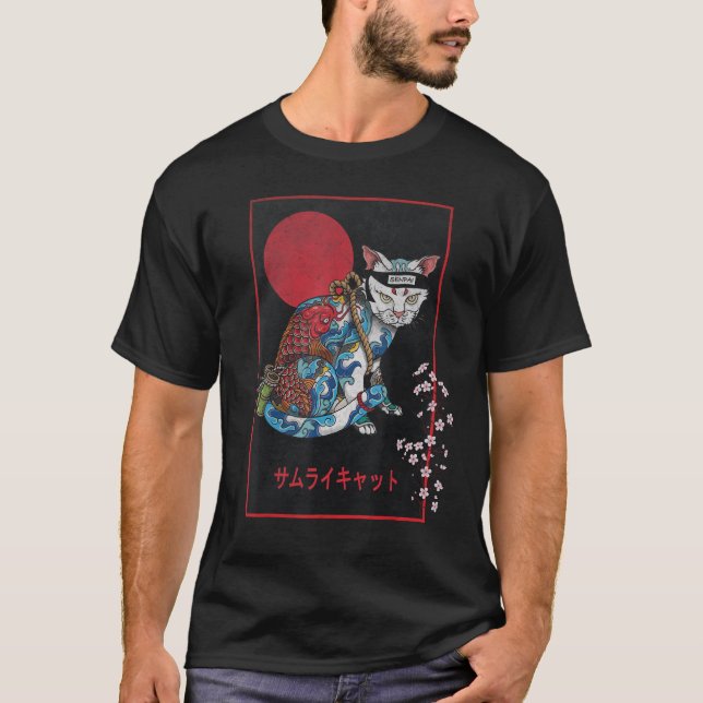 Camiseta Samurai Cat Master Irezumi Ninja Japonês Koi Tatt (Frente)