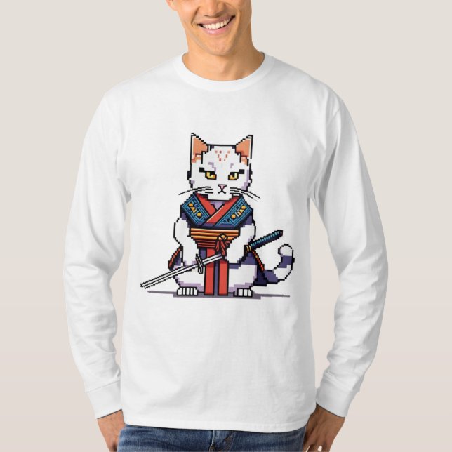 Camiseta Samurai Cat Pixel Design (Frente)