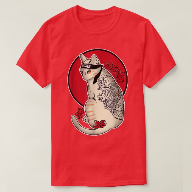 Camiseta Samurai Cat Tatto Ninja Cat Kawaii T-Shi (Frente do Design)