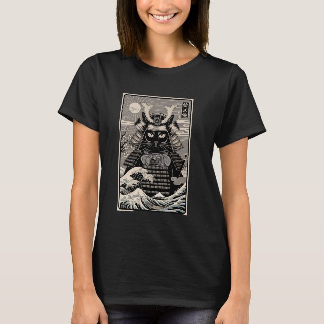 Camiseta Samurai Cat Vintage Japonês Ukiyo e Art (Frente)