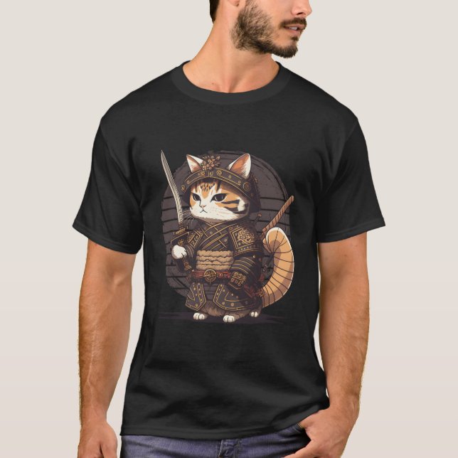 Camiseta Samurai Cat Warrior Japonês Ninja Cat Kawaii (Frente)