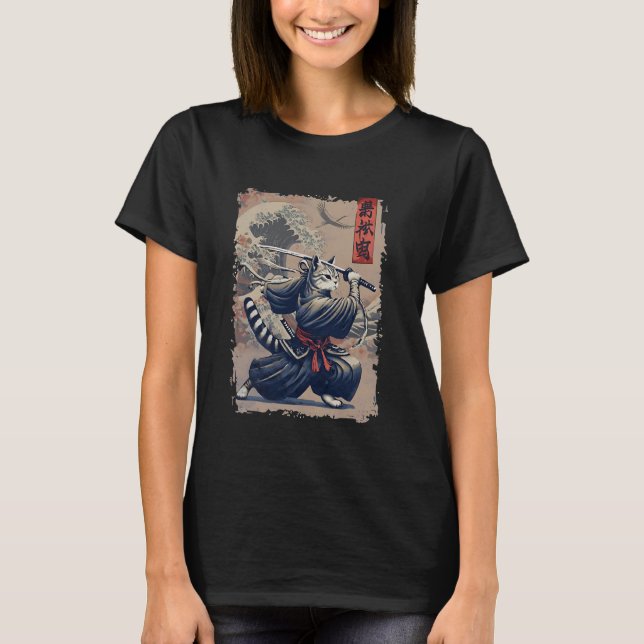 Camiseta Samurai Cat Warrior Ukiyo Ink Trabalho de arte Cat (Frente)