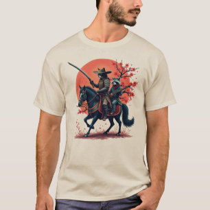 Camiseta Samurai Cowboy Gato e Guaxinim Montando um Cavalo 