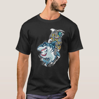 Camiseta Samurai de Gato Montado em Tubarão Trabalho Japonê