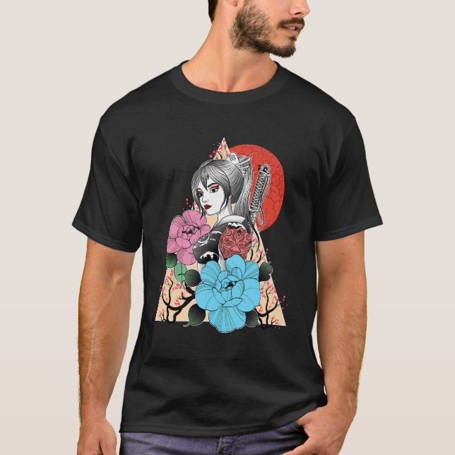 Camiseta Samurai Geisha Vintage Sakura Cherry Blos (Frente)