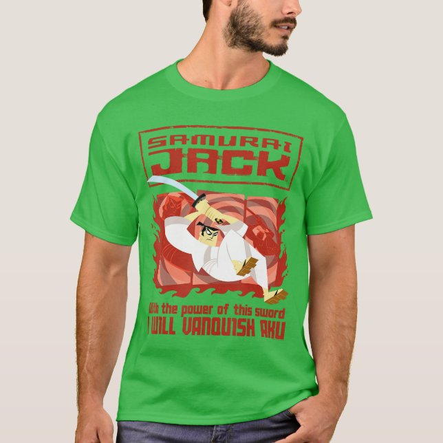 Camiseta Samurai Jack Eu Vencerei Aku com Espada Retro  (Frente)