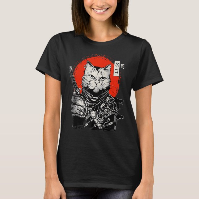 Camiseta Samurai Japonês Cat Bushido Warrior Katana Sword (Frente)