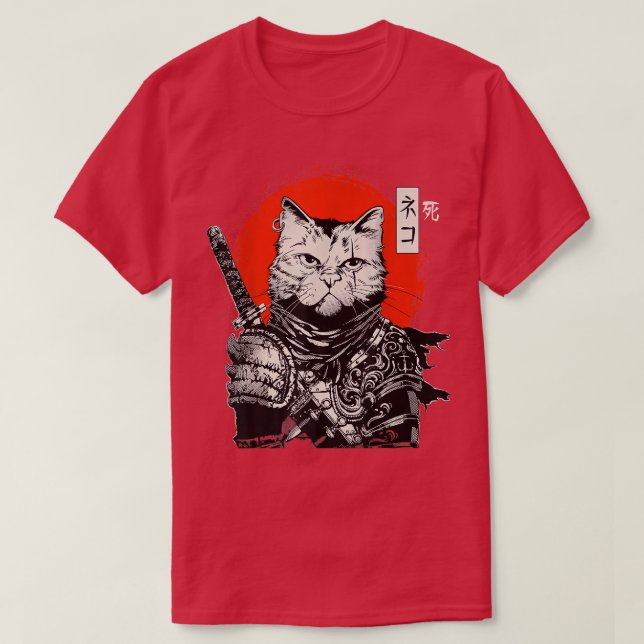 Camiseta Samurai Japonês Cat Bushido Warrior, Katana Sword (Frente do Design)