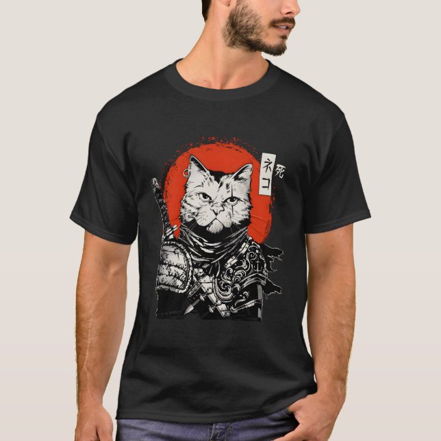 Camiseta Samurai Japonês Cat Bushido Warrior Katana Sword (Frente)