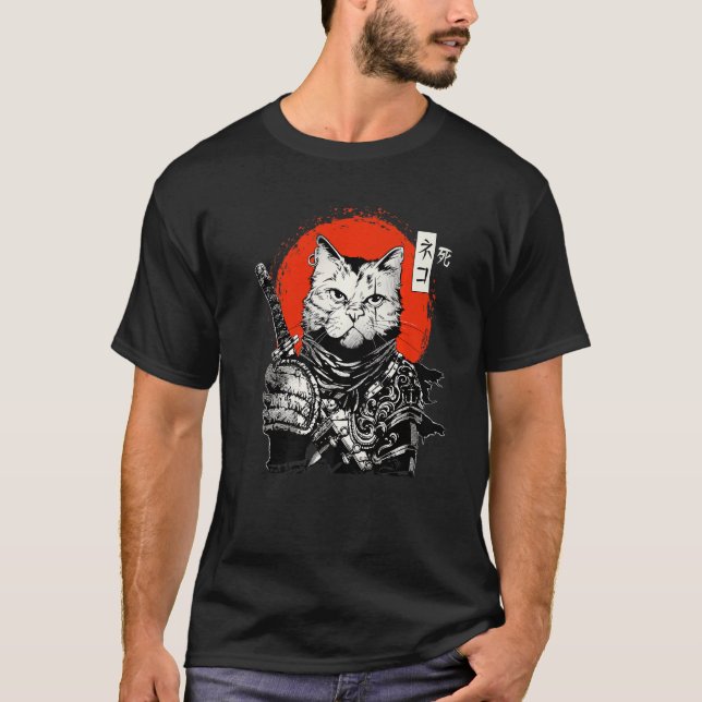 Camiseta Samurai Japonês Cat Bushido Warrior Katana Sword (Frente)