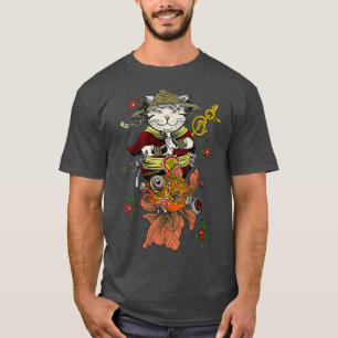 Camiseta Samurai Katana Ninja Cat e Carro de Peixes Koi jap