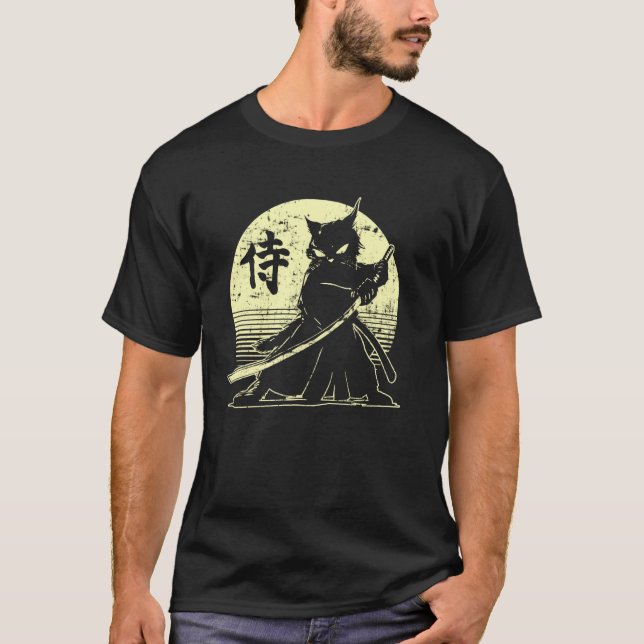 Camiseta Samurai Ninja Cat Japanese Art Kawaii Anime Retro  (Frente)