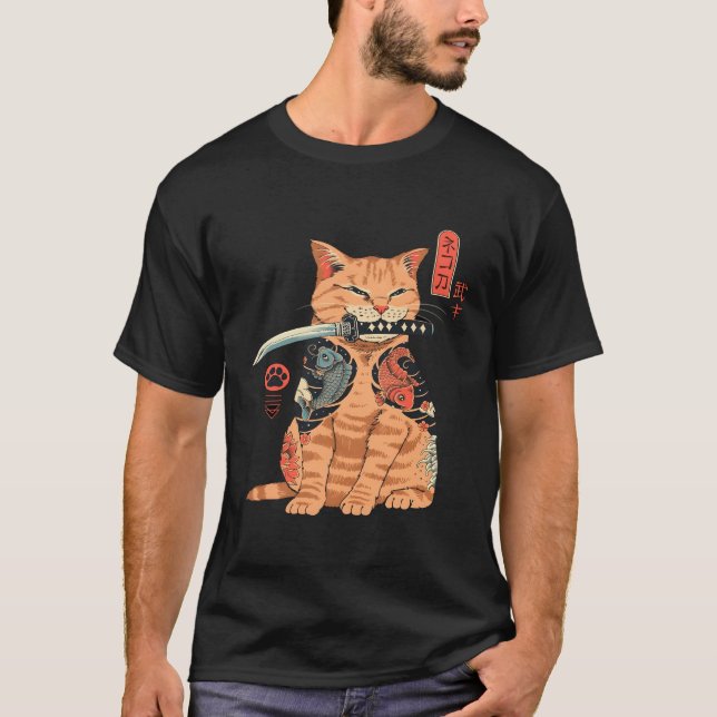 Camiseta Samurai Ninja Cat Kawaii Tattoo (Frente)