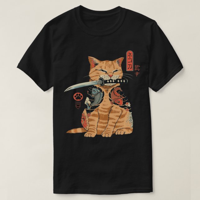Camiseta Samurai Ninja Cat Kawaii Tattoo Graphic (Frente do Design)