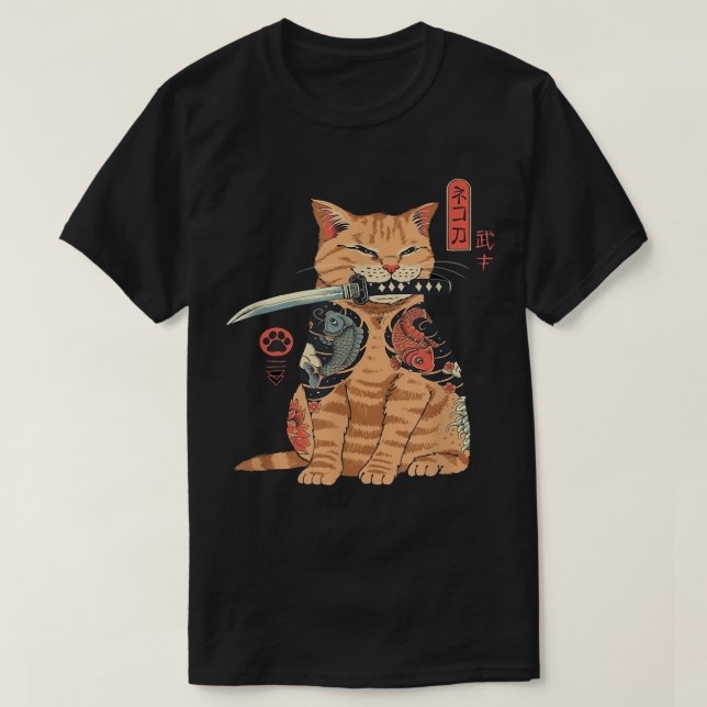 Camiseta Samurai Ninja Cat Kawaii Tattoo Graphic (Frente do Design)