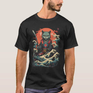 Camiseta Samurai Ninja Cat Retro Tatuagem Gráfico #
