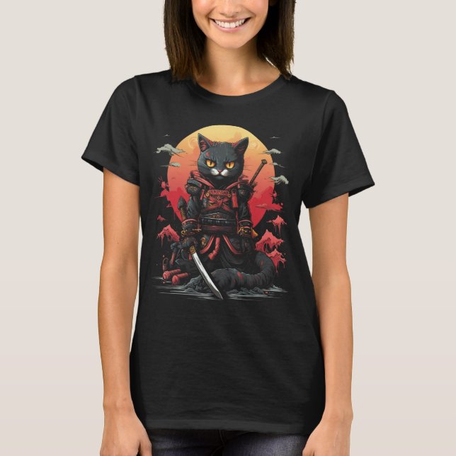 Camiseta Samurai Ninja Cat Retro Tatuagem Gráfico 22 (Frente)