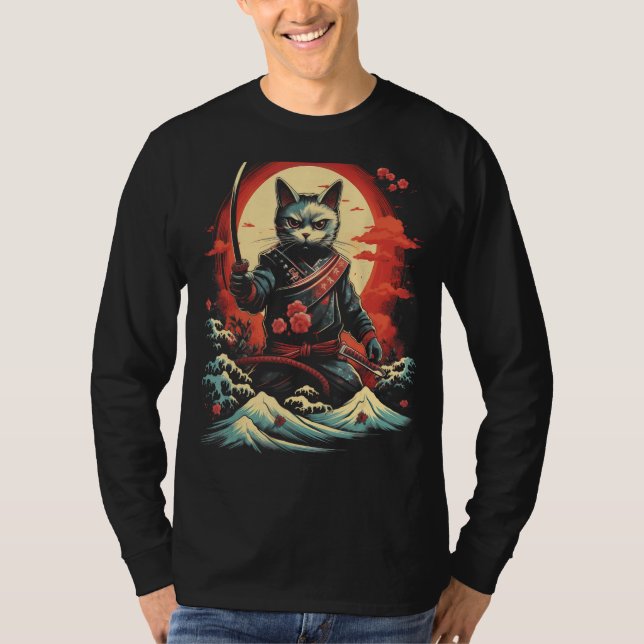 Camiseta Samurai Ninja Cat Retro Tatuagem Gráfico 37 (Frente)