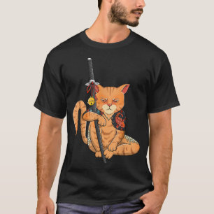 Camiseta Samurai Ninja Japonês Cat Kawaii Tattoo Graphic P