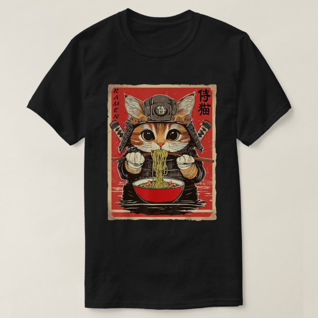 Camiseta Samurai Ninja, japonês, comendo macarrão (Frente do Design)